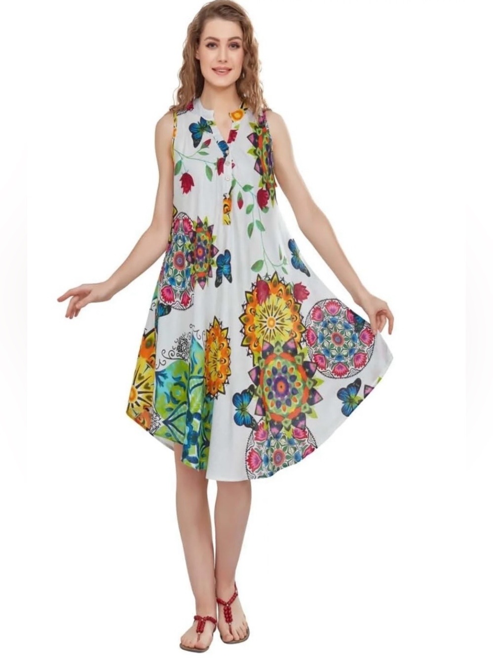 Woman Boho Swing Slip Dress M/L Butterfly Hippie Asymmetrical Button Resort Beac